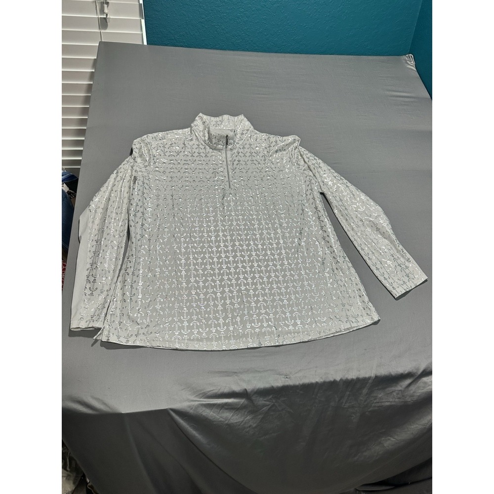San Soleil Women's White With Silver Anchors Long‎ Sleeve Shirt 2XL UPF
